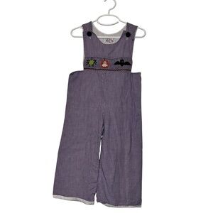 Molly inc Pop Purple gingham Halloween smocked overalls sz 2T bat spider pumpkin